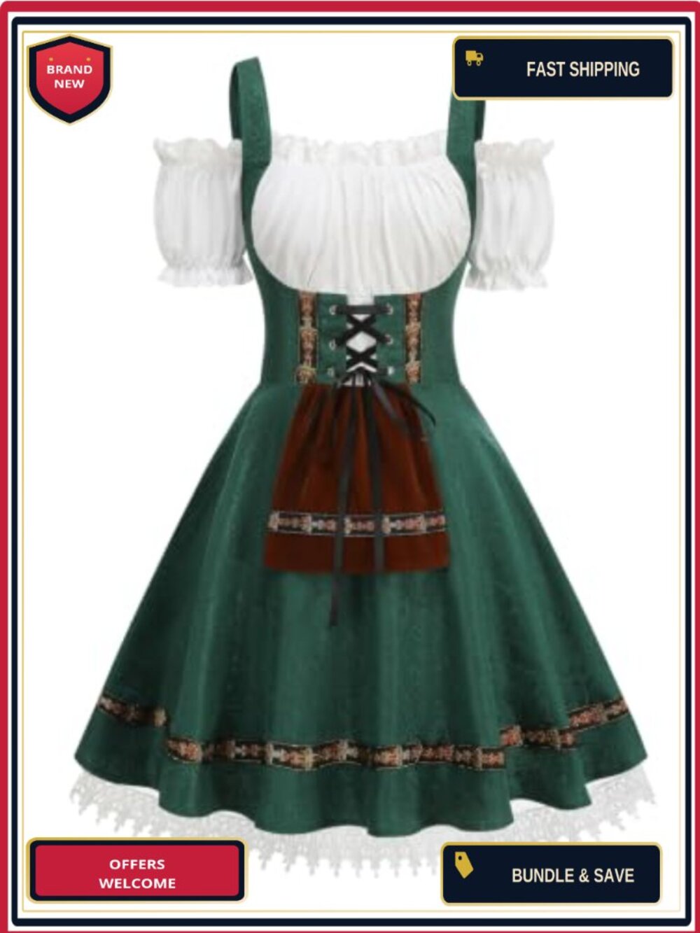 Oktoberfest Dirndl Dress Set Women Bavarian Costume Lace-Up Corset